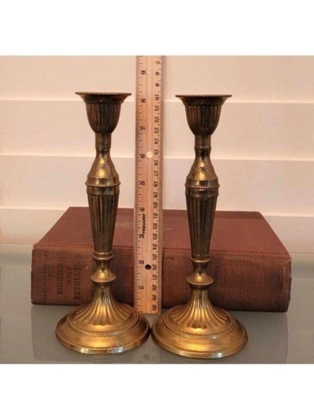 VTG Pair Of Biedermann Brass Fluted Candlesticks 10" India Rose Gold Taper Table